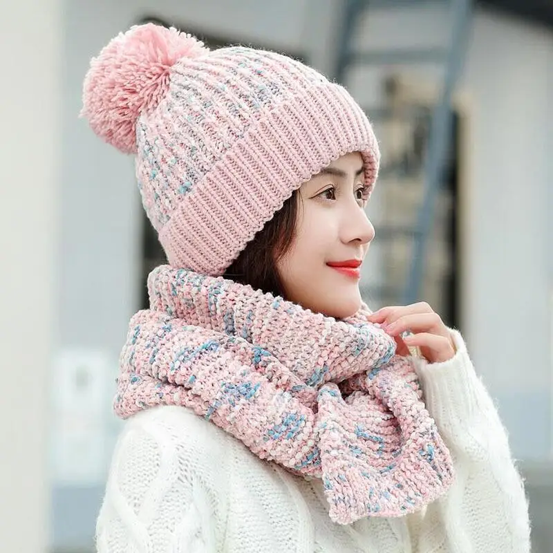 Вязаный шарф с капюшоном бесконечность для женщин Зимняя теплая шапка-маска женские модные милые шарфы теплая шапка толстый шарф 2/комплект