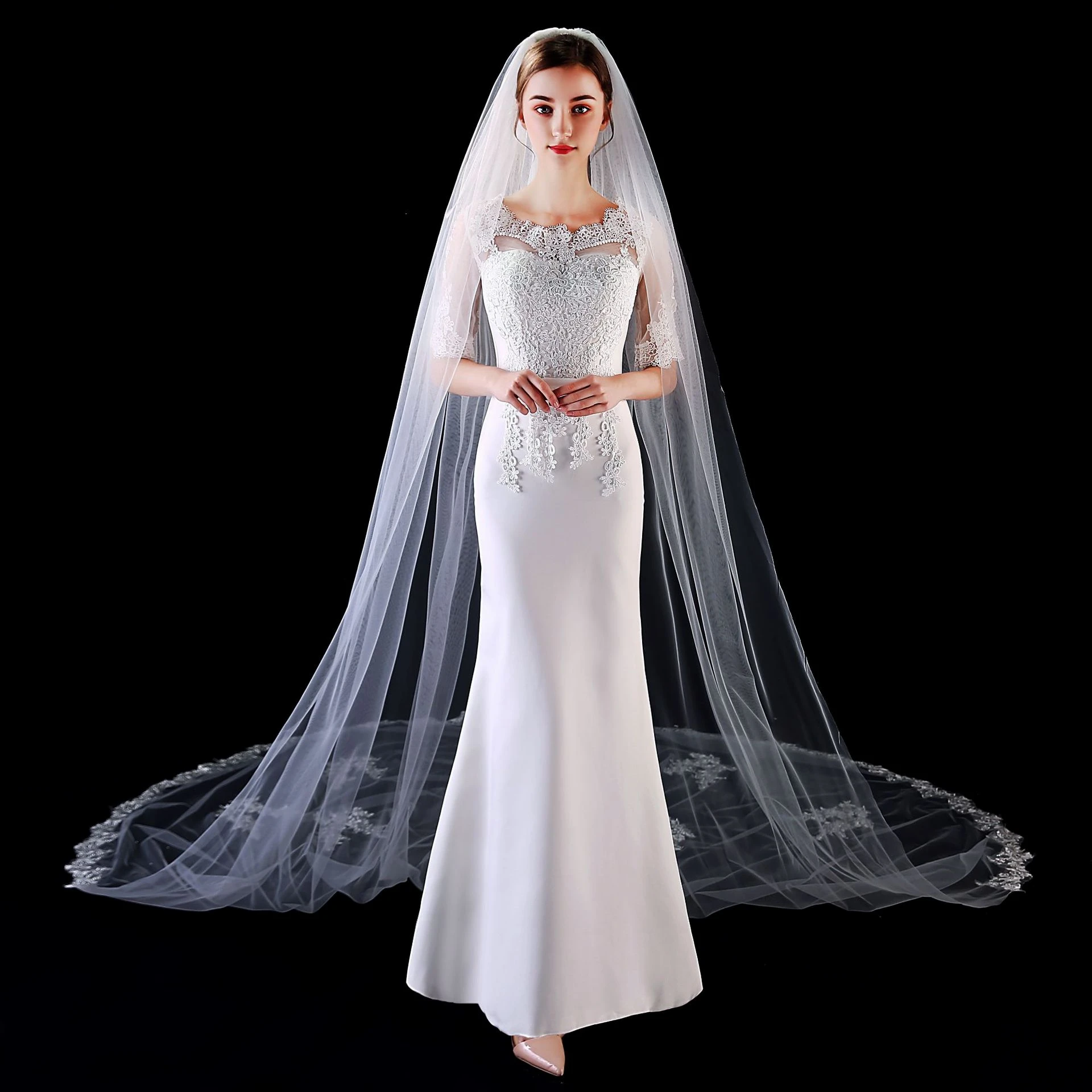 JaneVini Ivory Lace Edge Wedding Veils with Comb Cathedral One Layer Applique Tulle Bridal Veil Wedding Viel Accessories 2021 janevini 2021 elegant 2 layers short bridal veils with comb lace appliques edge tulle welon ivory veil women wedding accessories