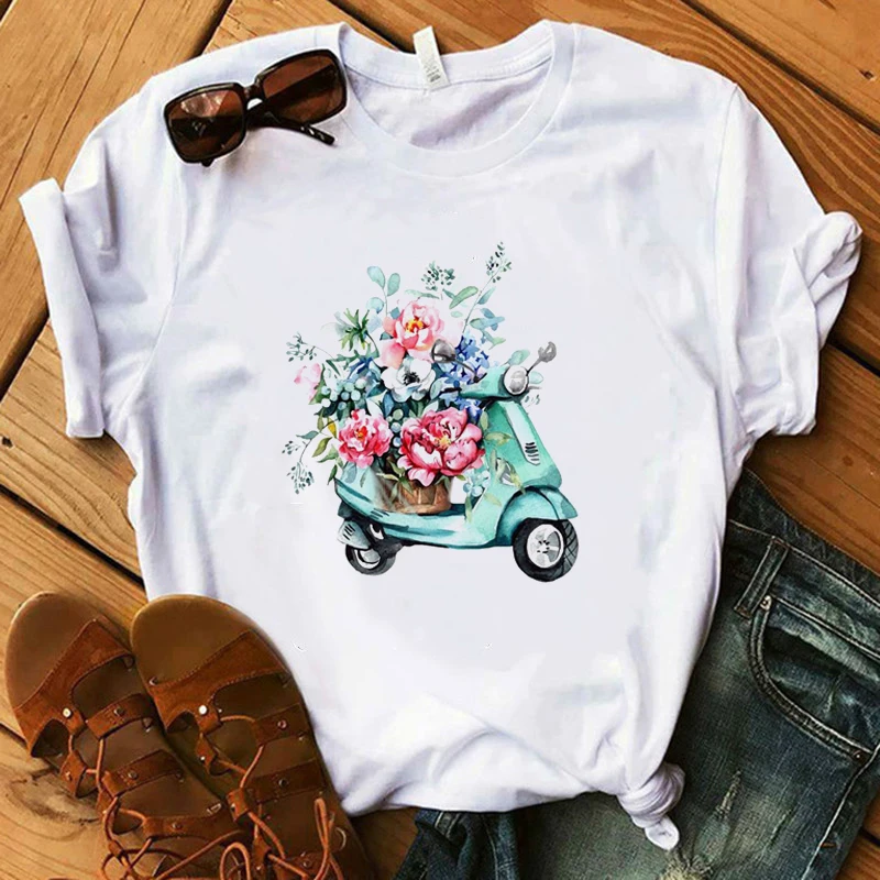 

100% Cotton Summer Shirt Paris Style T Shirt Women Lady Floral Earring Pink High Heel Cat Tops Gift Harajuku Luxury T-shirt