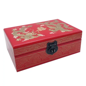 

Chinese Handmade Classic Wooden Lacquerware Dragon&Phoenix 2 Layer Jewelry Box