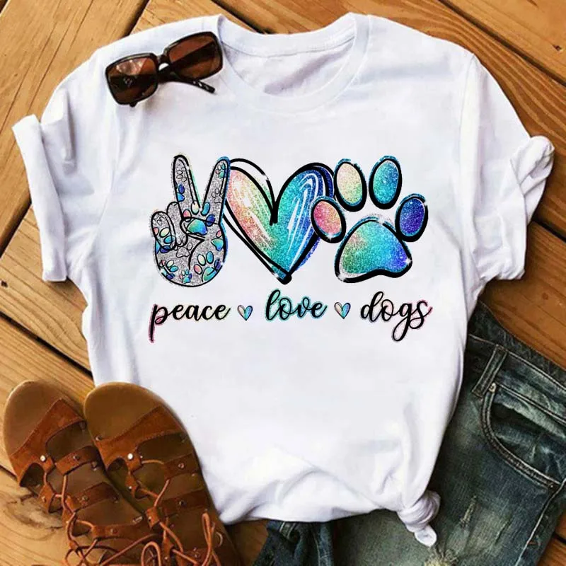 Female Tee Shirt Short-Sleeves Dogs-Paws Funny Peace Love Casual Fashion Women Kawaii