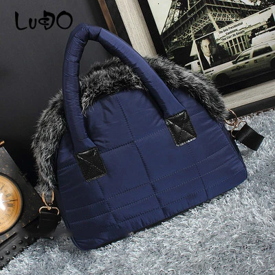 LUCDO Brand Luxury Handbag New Winter Woman Warm Space Cotton Shell Bags Designer Rabbit Fur Bag Ladies Jacket Shoulder Bag - Цвет: Navy Blue