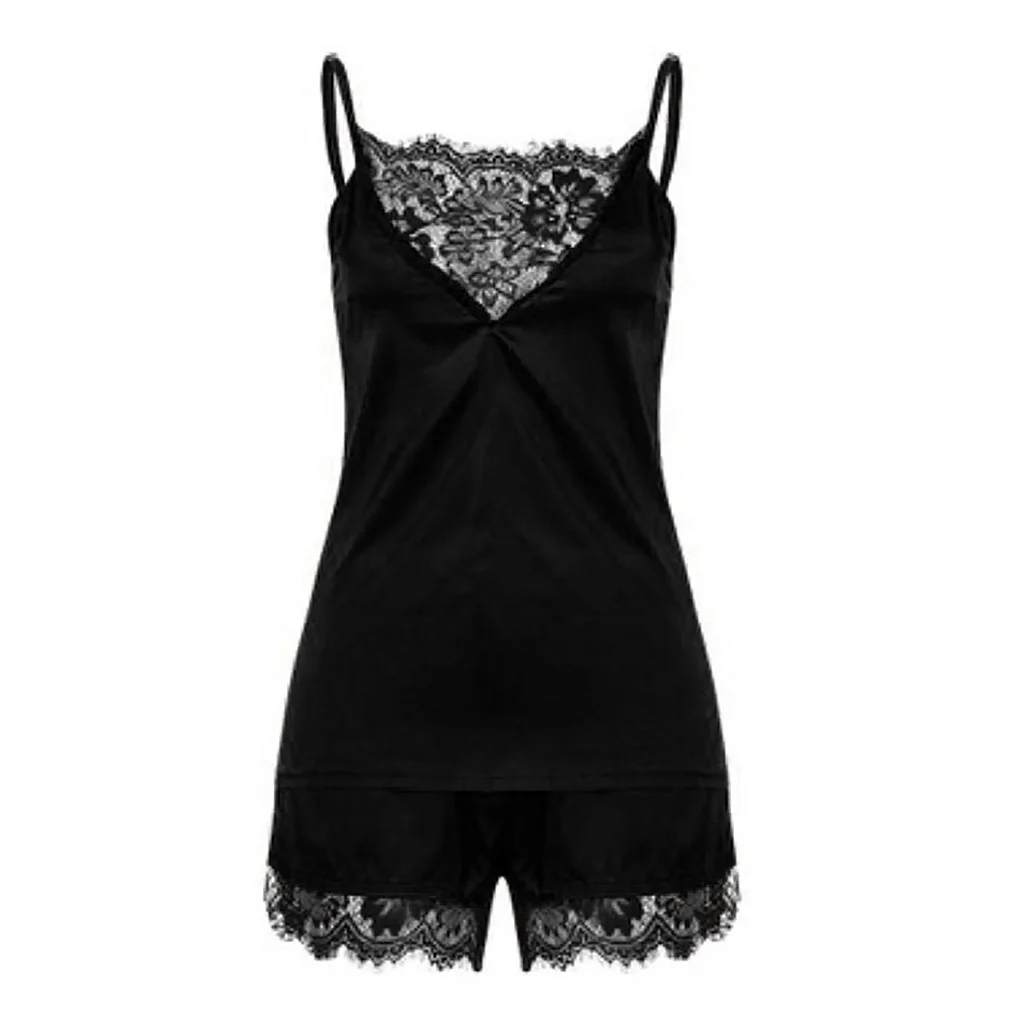 Women's Black Sexy Lace Satin Sleepwear Cami Top and Shorts Pajama Set