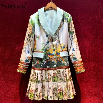 

Svoryxiu luxury Runway Winter Vintage Warrior Print Pleated Trench Coat Women's Long Sleeve Diamond Double Breasted Outwear