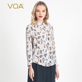 

VOA LightGray Bottom Button Tape Measure Needle Dressing Table Pattern Fun Long Sleeve Pure Silk Cardigan Square Neck Shirt BG31