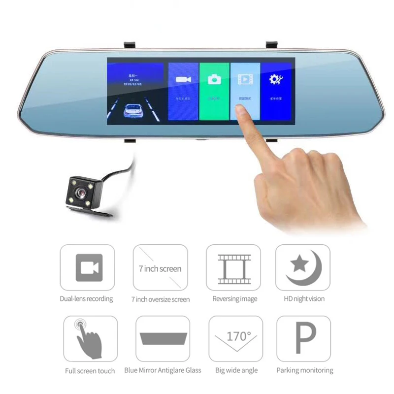 Автомобильный видеорегистратор 7 дюймов 2.5D сенсорный экран Ultra HD 1080P Dash Cam двойная камера заднего вида Зеркало ночного видения рекордер