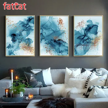 

FATCAT 5d diy diamond painting full square round rhinestone embroidery Abstract blue landscape triptych kit home decor AE1896