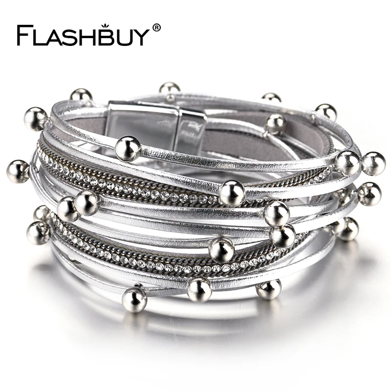 Кожаные браслеты Flashbuy для женщин Простые Браслеты Стразы из сплава с бусинами
