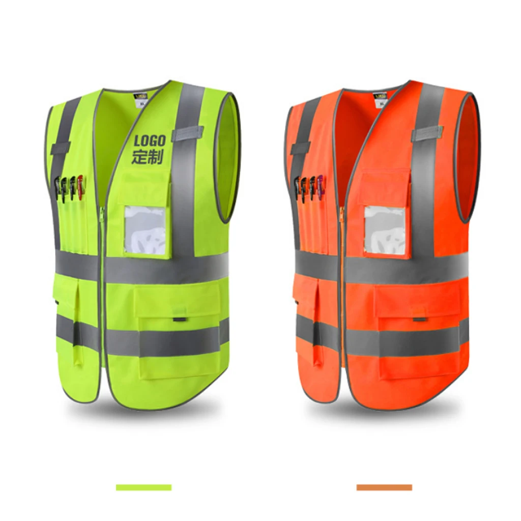 4 Pockets Class 2 High Visibility Zipper Front Safety Vest With Reflective Strips