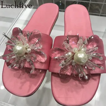 

Crystal Flower Women Slippers Open Toe Shoes Woman Summer Beach Slides Runway Pink Flat Shoes For Women