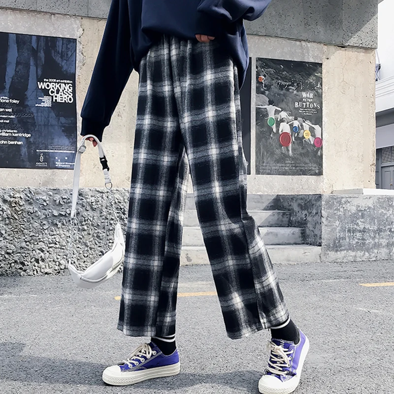 

HOUZHOU Plaid Pants Women Loose Harajuku Pants Vintage Trousers Women Korean Style Fashion Jokers Wide Leg Pants Ankle Length