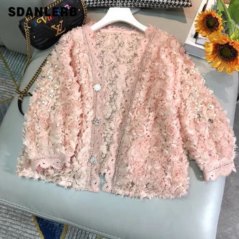 

Woman's Floral Jacket Women's Thin 2020 Summer New Chiffon Three-dimensional Flower Heavy Industry Beaded Short Coat Streetwear