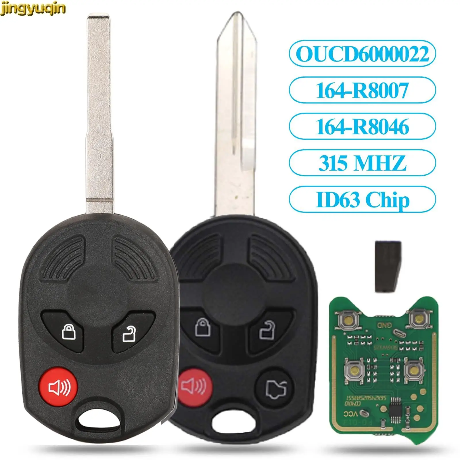 Jingyuqin 3/4B Car Key Remote Control 315/433MHZ ID63 80bit For Ford C-Max Edge Escape Focus Lincoln Mazda Mercury OUCD6000022