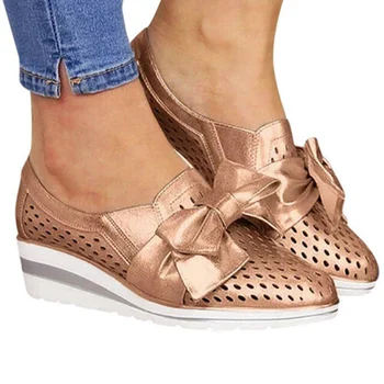 

Women Casual Shoes PU Leather Bowknot Sneakers Breathable Wedged Heel Shoes THJ99