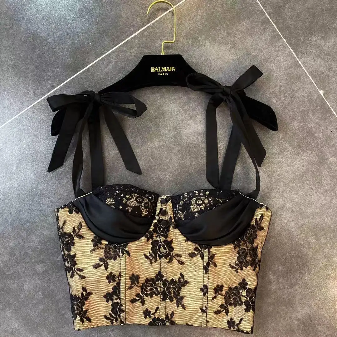 

Net Red with Grapefruit MM2020 Spring New Ribbon Bow Chest Pad High Waist Lace Camisole Top Ladies Sexy Top