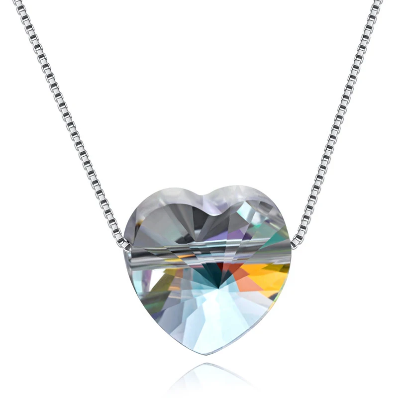 925 серебряные ювелирные изделия Красочные сердце бусины кристаллы от подвеска Сваровски ожерелье простая цепочка ожерелье для женщин Рождество