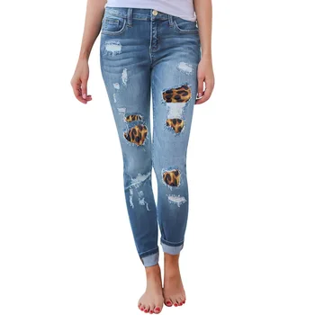

Lasperal Womens High Waist Skinny Jeans Solid Leopard Patchwork Irregular Ribbed Holes Long Pencil Casual Stretch Slim Pants