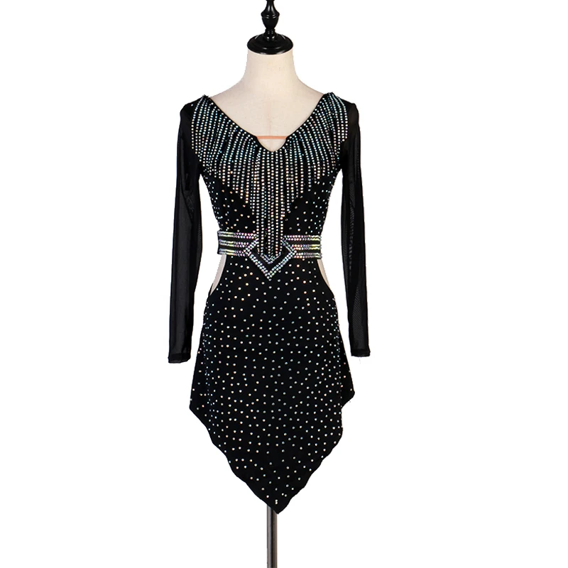 Women Latin Competition Dance Skirt Long Sleeve Latin Dancing Dress Adult Standard Rumba Samba Latin Diamond Dance Skirt