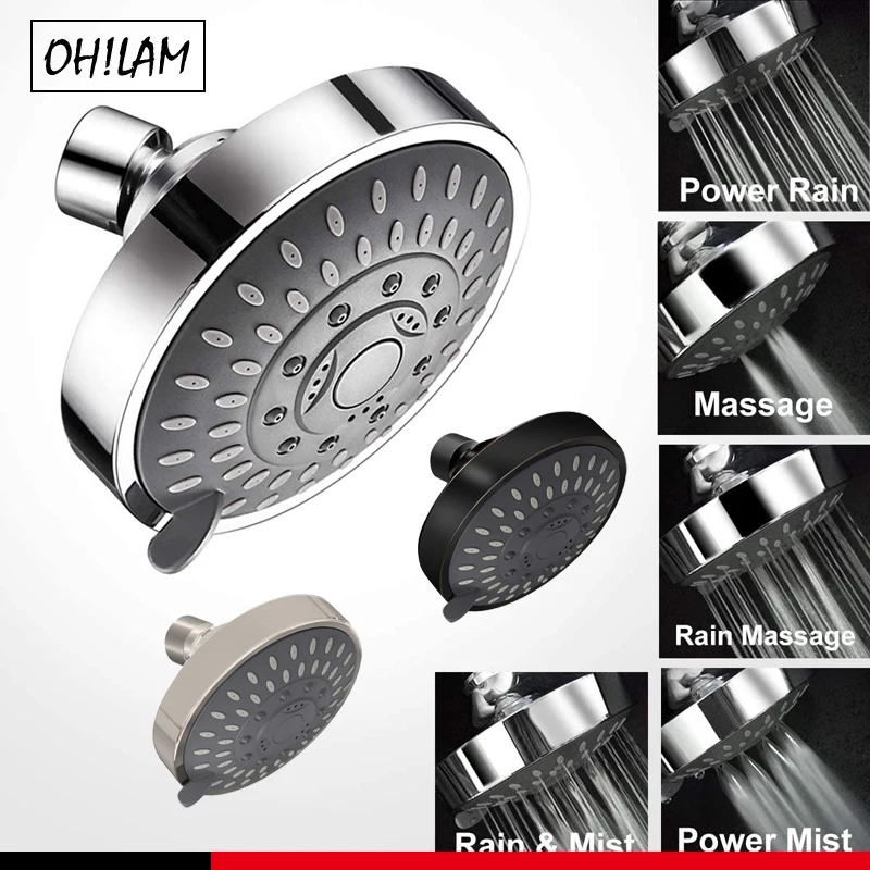 4 Inch High Flow//Pressure Fixed Shower Head 5-Setting Adjustable for Bathroom