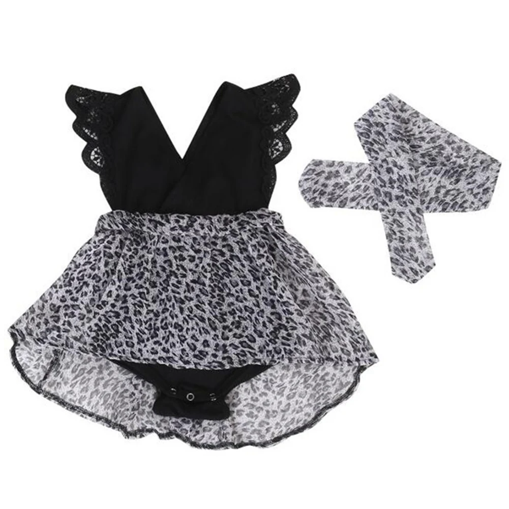 Детское летнее платье-комбинезон с леопардовым принтом для маленьких девочек кружевное комбинированное платье принцессы с рюшами на рукавах+ заколка для волос с бантом