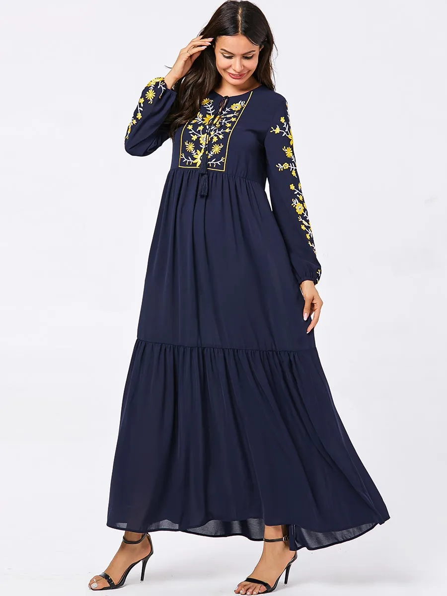 navy Ice silk crepe BNSQ Модное Длинное Платье с цветочной вышивкой осеннее платье тонкое платье из плотного бархата зимнее платье из двух тканей - Color: navy Ice silk crepe