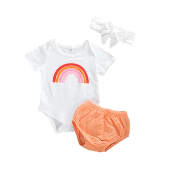 

0-24M Newborn Infant Baby Girls Boy Clothes Sets 3pcs Rainbow Print Shorts Sleeve Romper Tops+High Waist Shorts+Headband Clothes