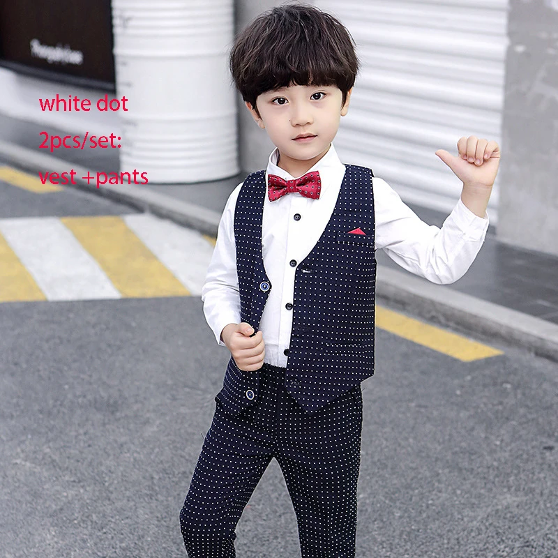white 2pcs Детский весенне-осенний комплект одежды с цветочным принтом для мальчиков, Британский костюм для свадебного торжества детский жилет в горошек, рубашки и штаны, комплекты одежды - Цвет: white 2pcs