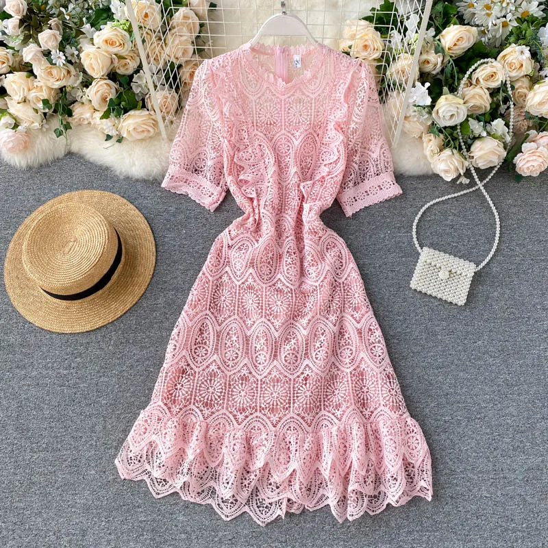 Lady Court Dress Women 2020 New Fashion Sexy Round Neck Short Sleeve Hollow Lace Ruffled Slim Solid Color Elegant Vestidos H969