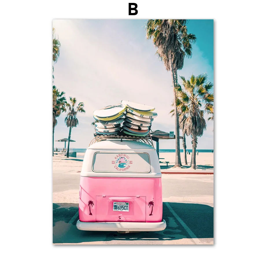 Pink-Bus-Sky-Sea-Beach-Coconut-Palm-Quote-Nordic-Posters-And-Prints-Wall-Art-Canvas-Painting (3)