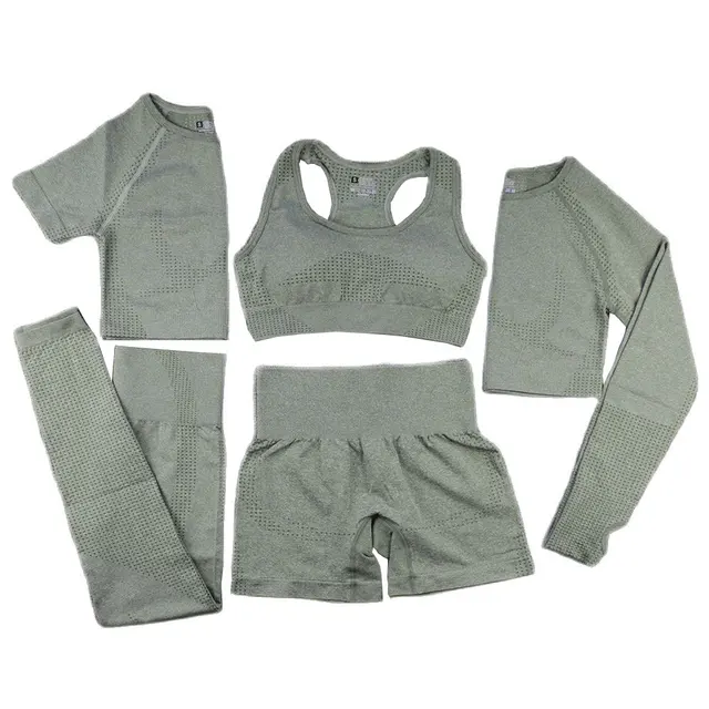 2/3/5PCS Women Sportswear Yoga Set Gym Clothing Tracksuit Long Sleeve Crop Top High Waist Seamless Leggings Fitness Sports Suits 5pcs ArmyGreen