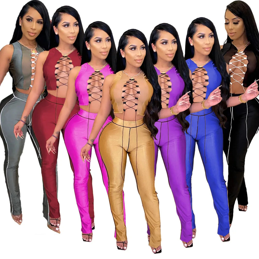 

RT Casual Women Tracksuit Two Pieces Set Mesh Strings Crop Top Slit Pants Skinny Sports Suit High Street Outdoor Wear