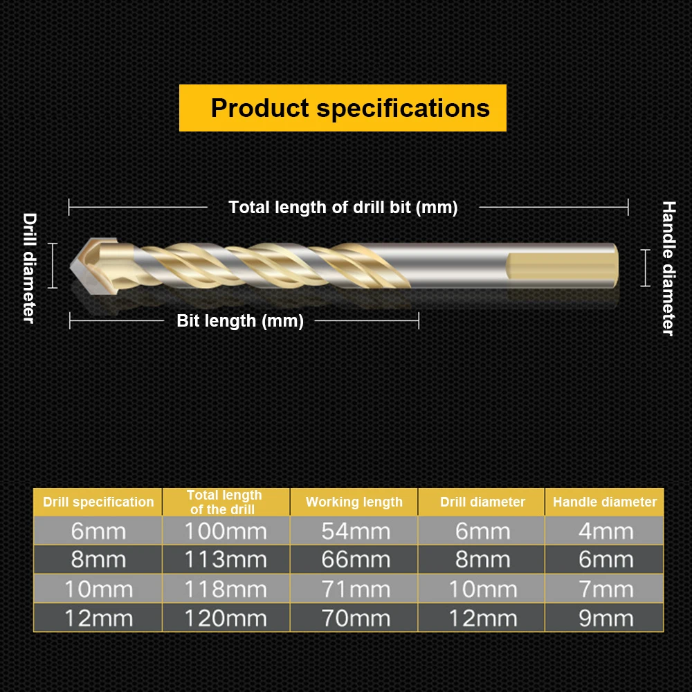 5pcs Tile Drill Bits Triangle Tile Drill bits Woodworking Ceramic Concrete Tungsten Carbide Drill Power tool Accessories 6-12mm