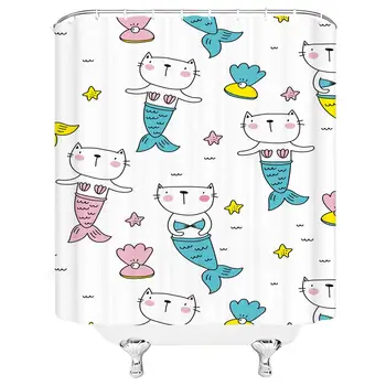 

Mermaid Shower Curtain Sets Cat Wearing a Fish's Tail Color Stick Figure Children Cartoon Polyester Bathroom Decoration 70×70
