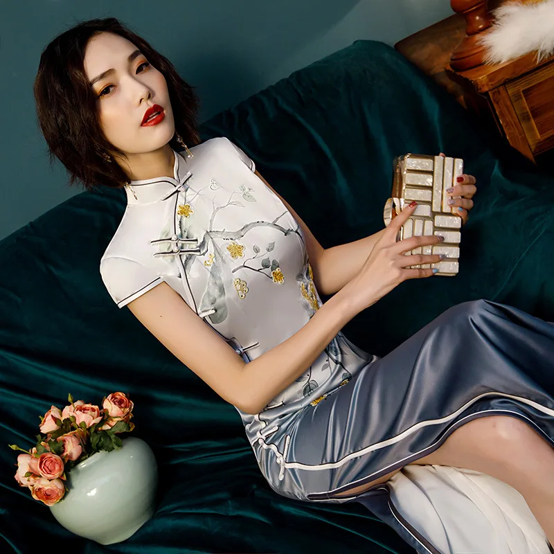 Модные элегантные пуговицы ручной работы Cheongsam винтаж Qipao Летний принт цветок градиент отворотом qipao Vestidos Большие размеры, S-3XL