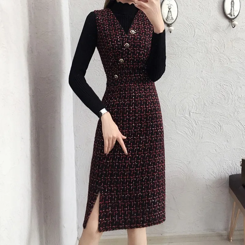 

2019 Autumn Tweed Wool Dress Set Women Winter 2pcs Sets Knitted Pullover Sweater + Vest Dress two piece Sets Office Suit Clothes