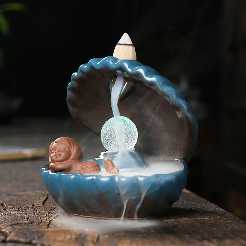 LED Shell Mermaid Backflow Incense Burners Aromatherapy Fragrance Home