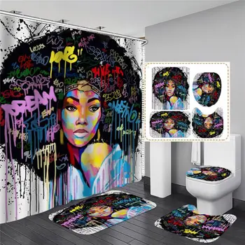 

Shower Curtain Bathroom Decor 4pcs Non Slip Toilet Polyester Cover Mat Set Bathroom Shower Curtain Washable MH74