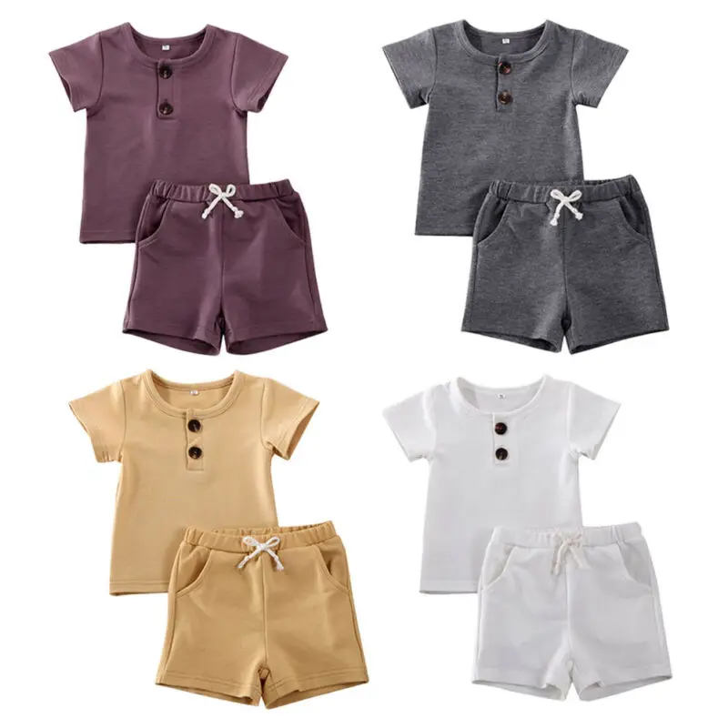 Vêtements d'été pour nouveau-né | Ensemble de 2 pièces, pull à manches courtes, T-shirt Short, tenue de couleur unie, pour enfants de 0-2 ans