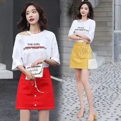Корейский короткий 2019 Модный летний комплект для женщин с карманом А-силуэта Terno Feminino 9pu Повседневный свободный с буквенным принтом