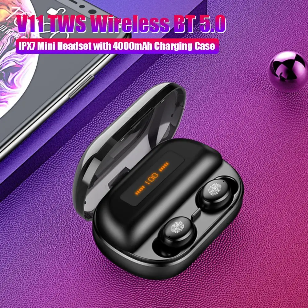 V11 TWS Bluetooth 5.0 Mini Music Headset Wireless IP67 Waterproof Sport Earphone with 4000mAh LED Display Charging Case Box