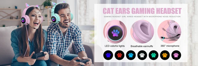 Cat Ears Gaming Headset Wired Headphone with Mic Noise-Cancelling ,7.1  Channel Stereo for PS4/Phone/PC Gamer Girls Headset fones