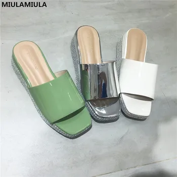

MIULAMIULA 2020 Summer Korean New Fashion Brand Design Bling Rhinestone Thick Bottom Wedges Platform Lady Pumps Mules Flip Flops
