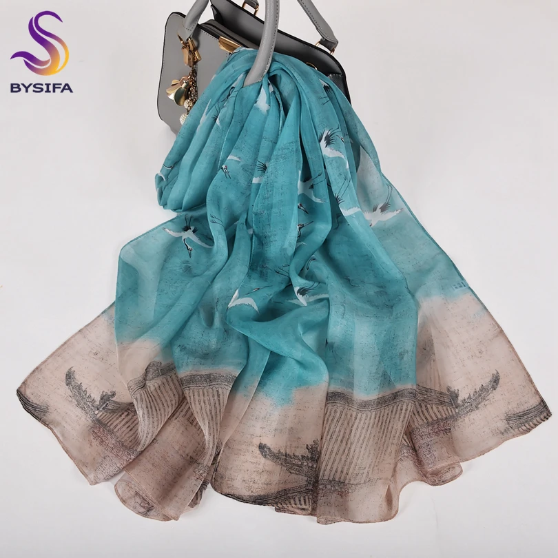 

[BYSIFA] Women's Scarves Foulard Coffee Blue Fashion Seagull Long 100% Pure Silk Scarf Summer Beach Shawl Spring Fall Scarves