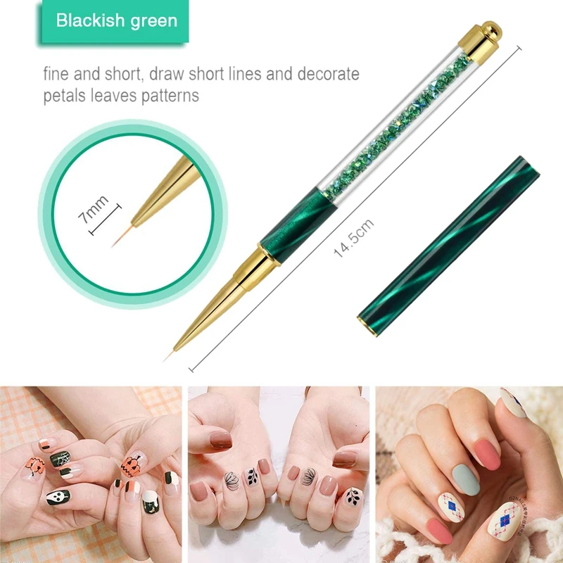 Nail Art Brushes, Nail Design Brushes,3Pcs Nail Liner Brush 5/9/11Mm,1Pcs Flat Brush,Brush Handle with Diamond