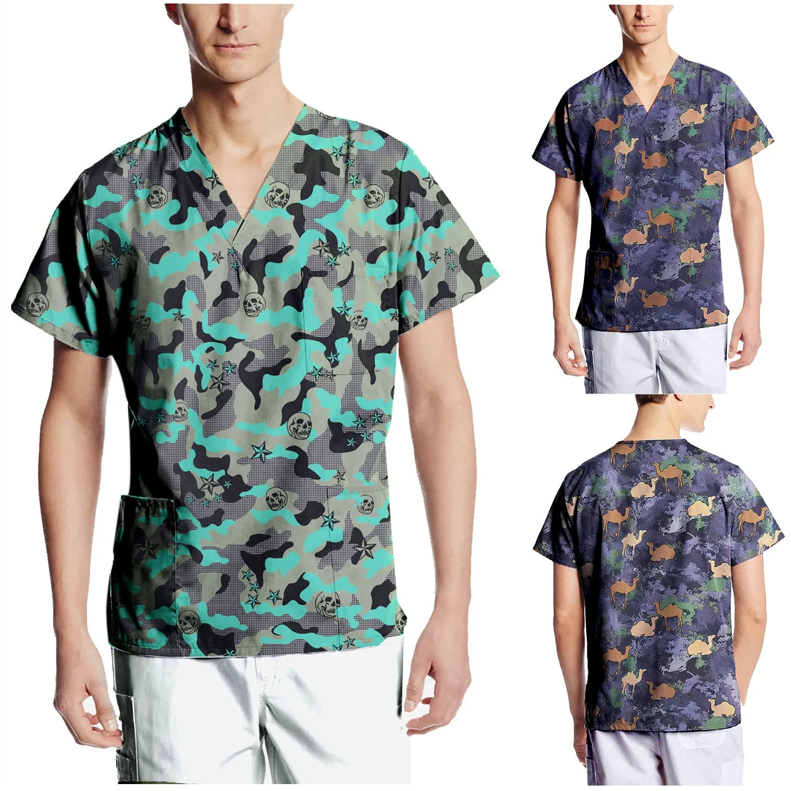 Men Nursing Uniform Solid Color Short Sleeve V-neck Tops Summer Oversized T-shirt For Male Care Worker Healthcare Clinic Clothes nurse scrubs top nurse uniform suits