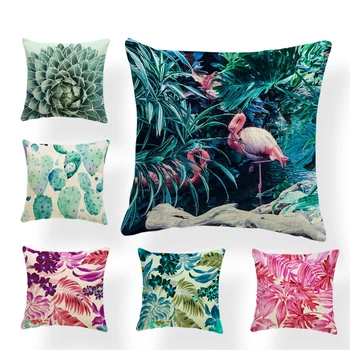 

Beautiful Tropical Style Pillowcase Flamingo Flower Succulent Sofa Decorative Cushion Set Cactus Leaves Polyester Linen Pillow
