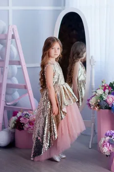 

Golden Sequin High Low Girls Birthday Party Dresses Evening Dresses High Low Gold Lace Dresses Custom