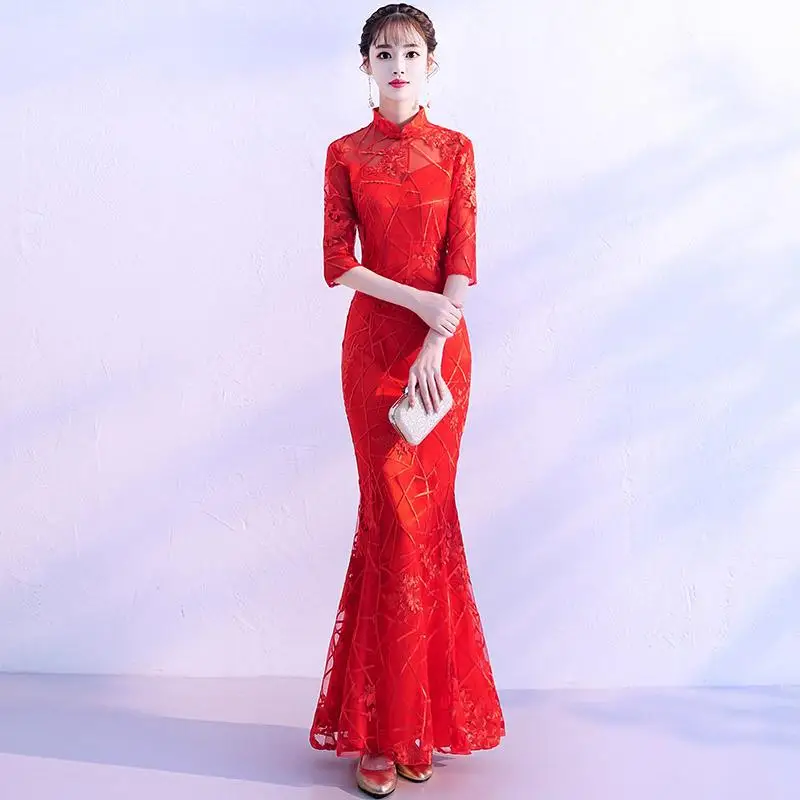 Женское платье в стиле ретро, китайский стиль, Qipao, сексуальное, тонкое, кружевное, для вечеринки, платье русалки, элегантное, серое, воротник-стойка, Cheongsam Robe De Soiree - Цвет: Красный