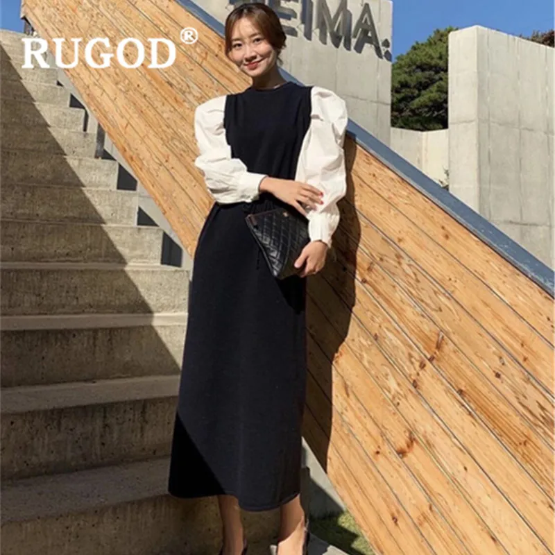 

Женское офисное платье RUGOD, длинное Хлопковое платье в стиле пэчворк с круглым вырезом и пышными рукавами, Зимние Платья на шнуровке, 2019