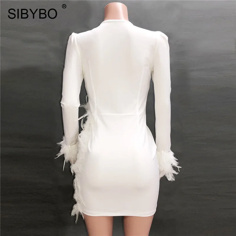 SIBYBO, блестки, сетка, сплайсированные, сексуальное женское платье, длинный рукав, глубокий v-образный вырез, перо, мини, летнее платье, прозрачное, для ночного клуба, платья для вечеринок